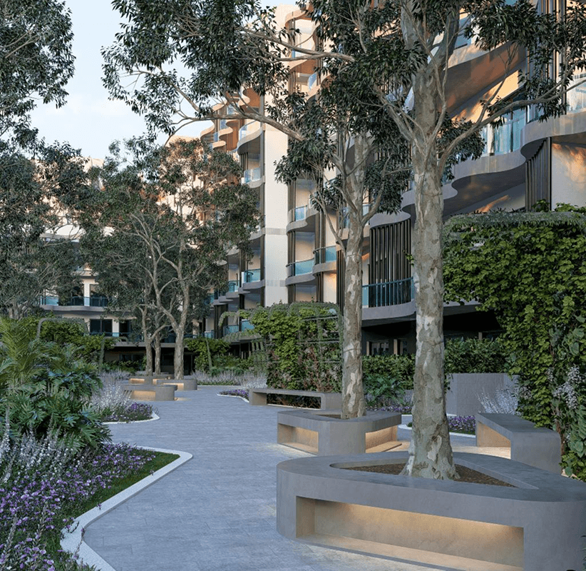 Landscaped courtyard of the Setúbal residential development