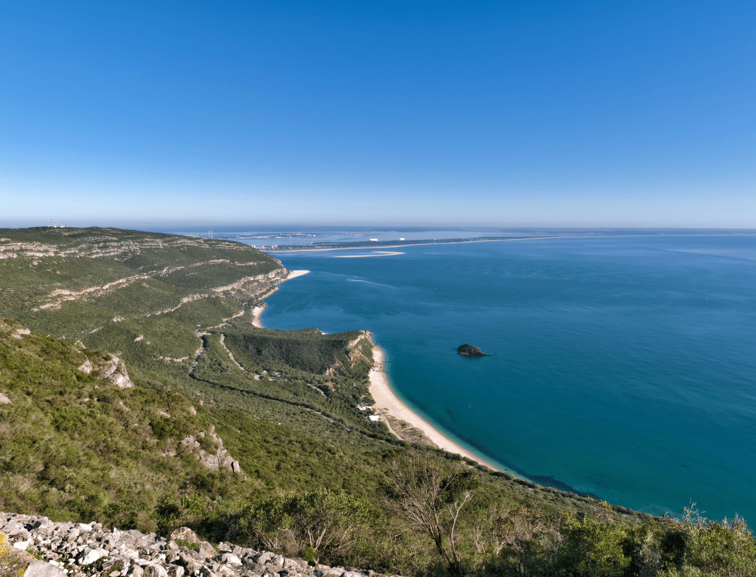 Aerial view of the Setúbal coastline and Tróia peninsula